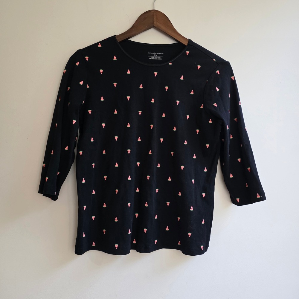 Christopher & Banks VTG Womens Black Ditzy Watermelon Print Cotton Top PM